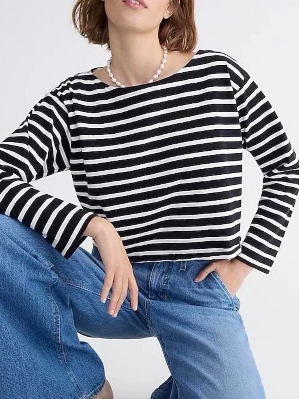 J. Crew Black and White Striped Cropped Boatneck Long-Sleeve Top